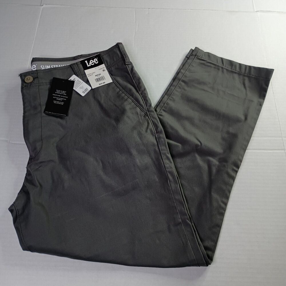 Lee Flat Front Chino with Motion Flex Waistband Pants Men's 40x30 Gray Slim Fit
